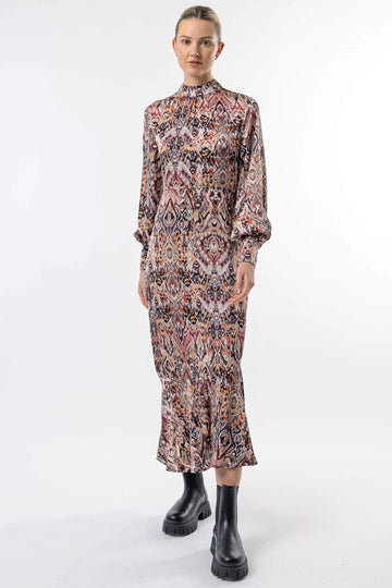 High Neck Long Tea Satin Dress in Tan Boho Print ANGELEYE